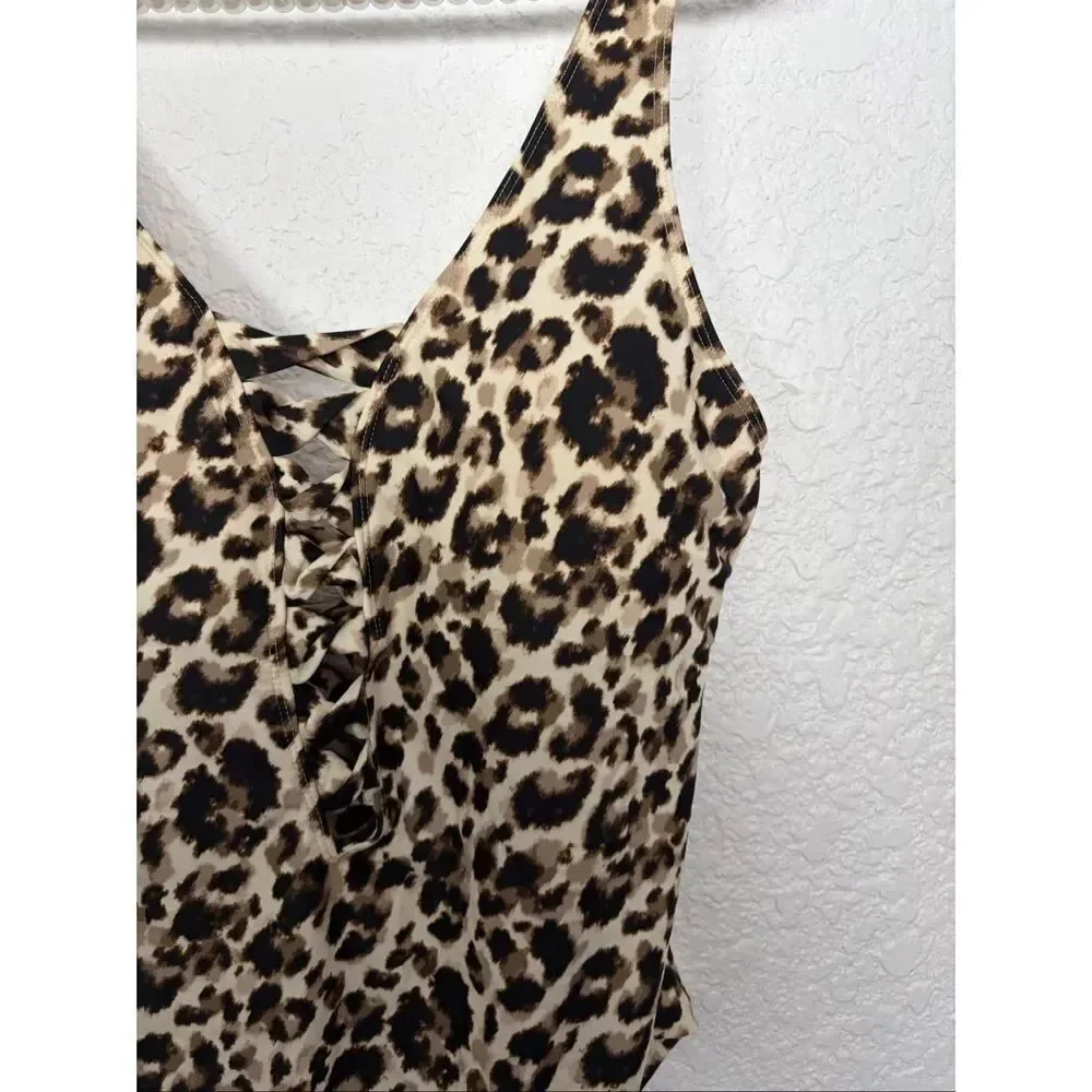 BLEU Rod Beattie Skin Games Lace-Up One-Piece Swimsuit in Leopard Print Size 14